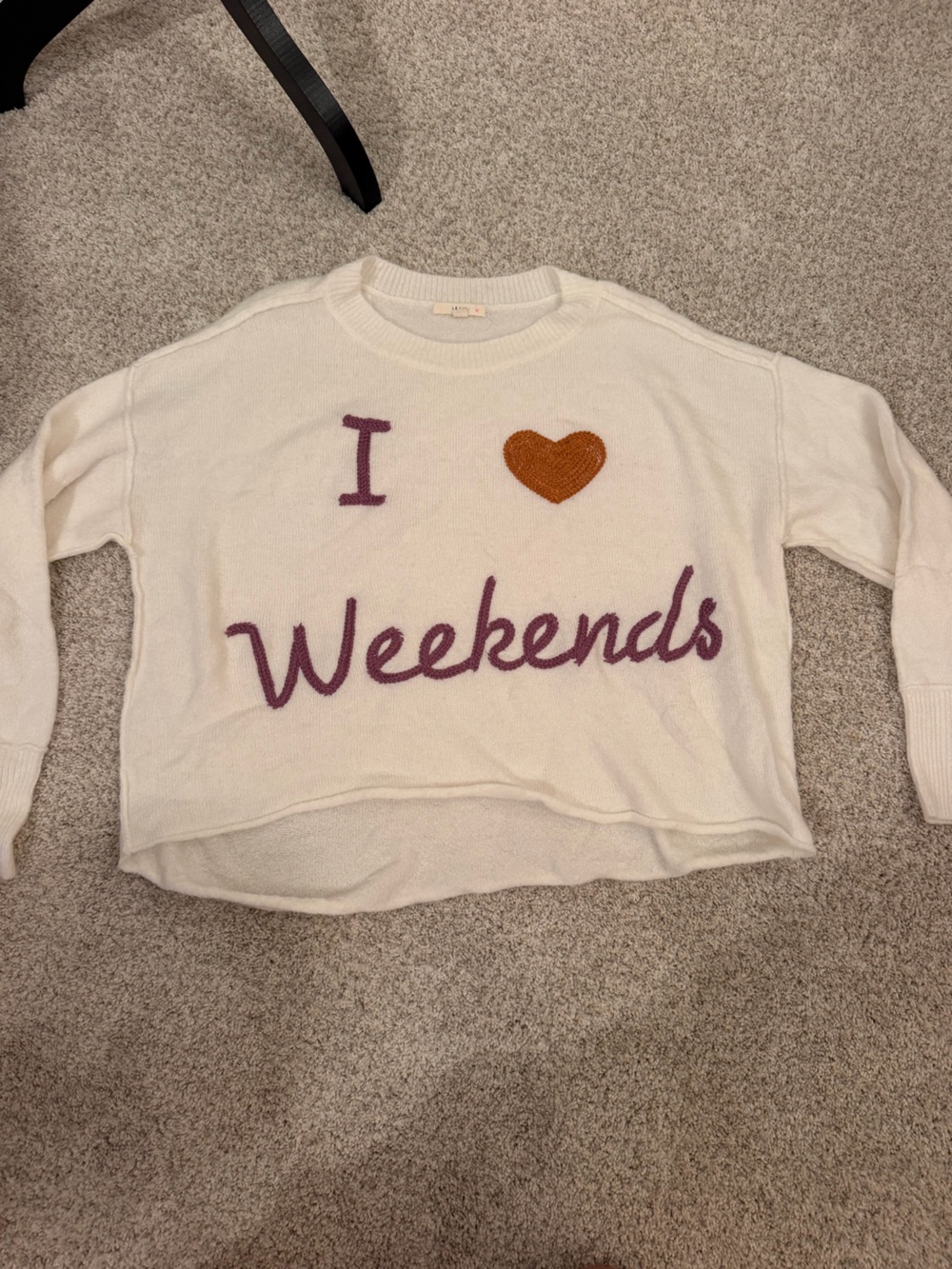 Le Lis Cream 'I ♥ Weekends' Knit Sweater with Purple Script and Brown Heart